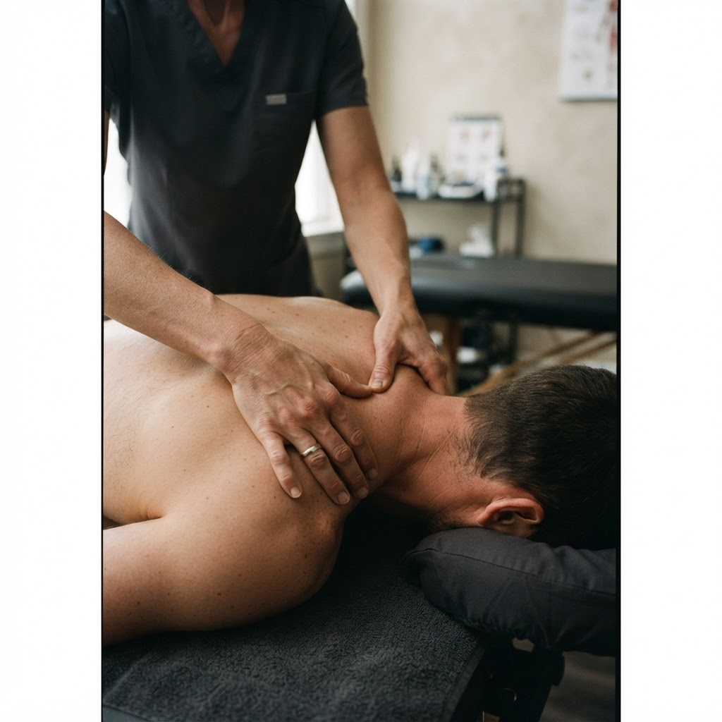 A therapist applying precise hands-on pressure to a client's shoulder and neck