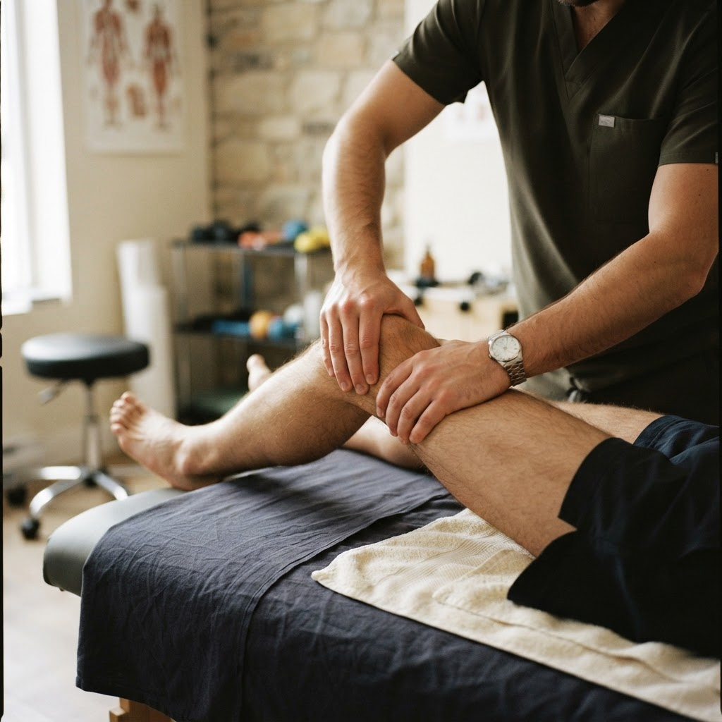 A therapist performing precise myofascial work on a client's lower leg and knee
