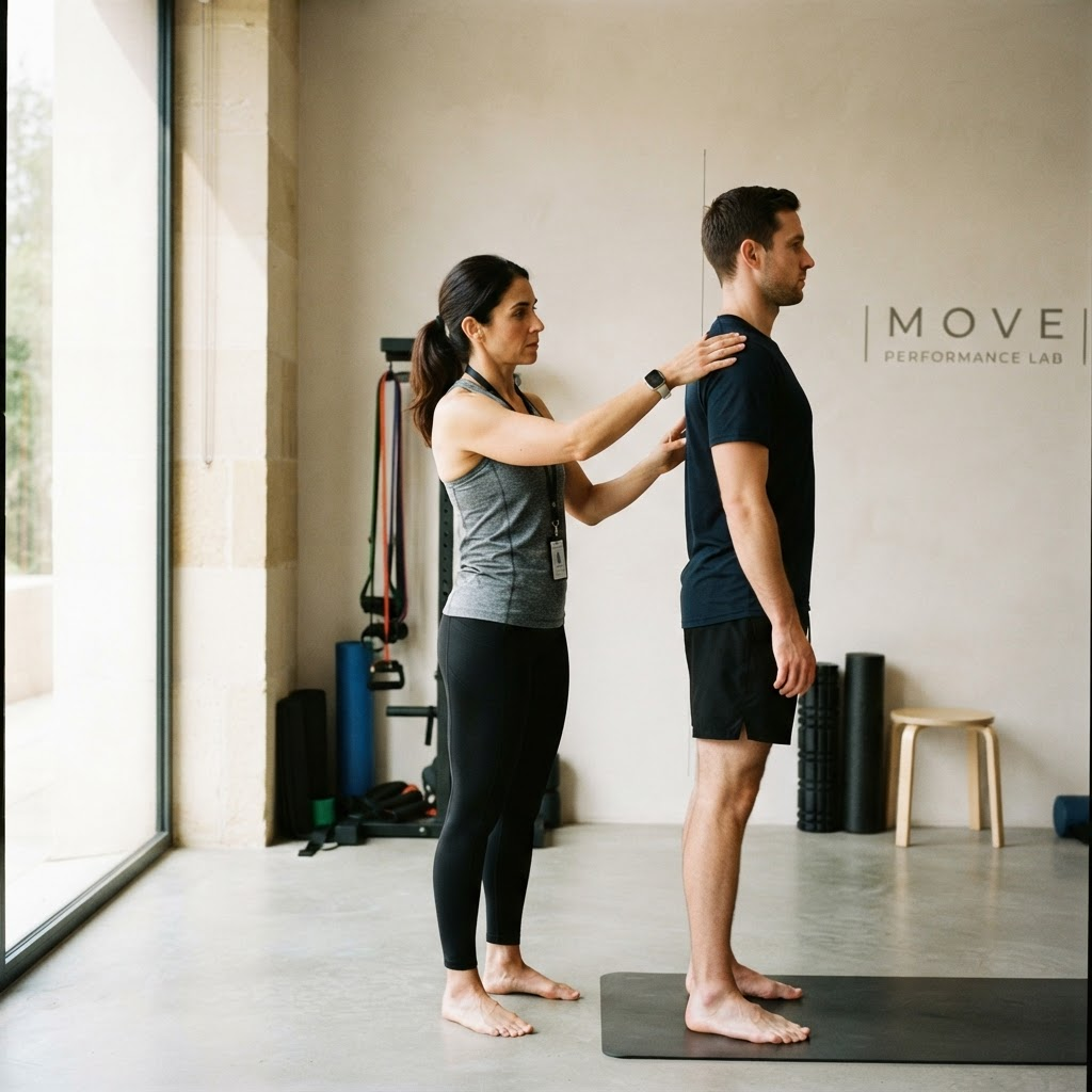 A therapist assessing a standing client's posture and shoulder alignment